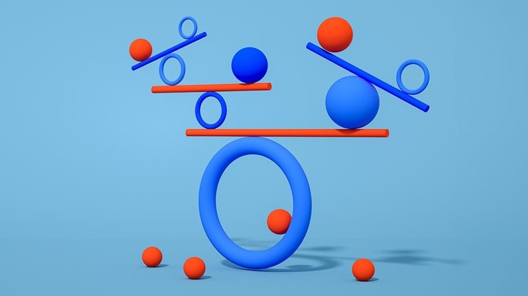 Circles and spheres with platforms on top, conceptually balancing balls. - stock photo