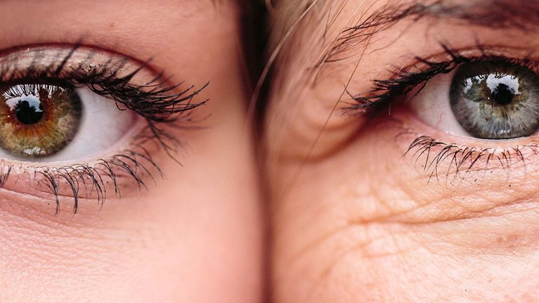 Close up on eyes of mother and daughter faces next to one another.